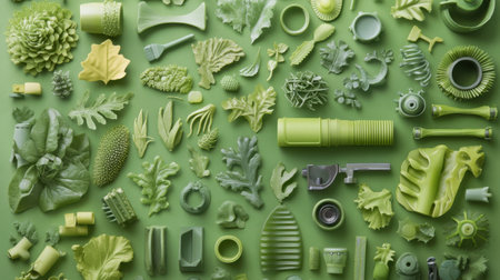 A vibrant display of assorted green plastic items inspired by nature, showcasing a variety of shapes and textures against a green backdrop. Perfect for eco-friendly projects.の素材