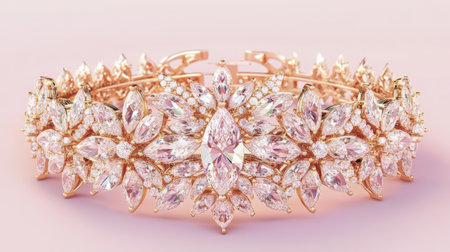 A stunning rose gold crown embellished with sparkling gemstones, perfect for luxury fashion photography, bridal wear, or special occasions, showcasing elegance and beauty.の素材