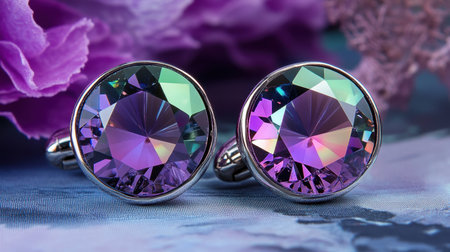 This captivating image presents a pair of elegant cufflinks featuring stunning purple and green gemstones, perfect for enhancing any formal attire.の素材