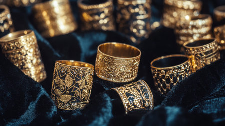 A stunning collection of handcrafted gold rings rests elegantly on luxurious black velvet fabric, showcasing intricate designs and outstanding craftsmanship.の素材
