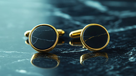 Stylish black and gold cufflinks rest elegantly on a polished marble surface, showcasing luxury and sophistication in men's fashion accessories. Perfect for formal events.の素材
