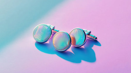 Discover an exquisite pair of iridescent cufflinks resting on a soft pastel surface, symbolizing elegance and style in men's fashion accessories.の素材