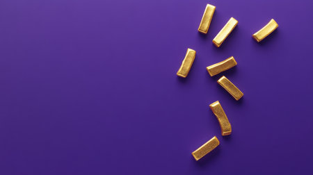 A captivating arrangement of shiny gold bars rests on a vibrant purple background, symbolizing wealth and luxury. The rich colors create a striking visual contrast, ideal for conveying themes of finance and prosperity.の素材