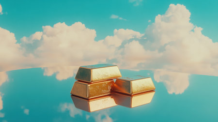 Three gleaming gold bars are placed on a reflective surface, creating a striking visual juxtaposition against a serene blue sky filled with fluffy clouds.の素材