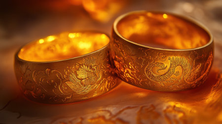 This image showcases an exquisite pair of golden wedding rings featuring intricate dragon and phoenix engravings, symbolizing love and unity.の素材