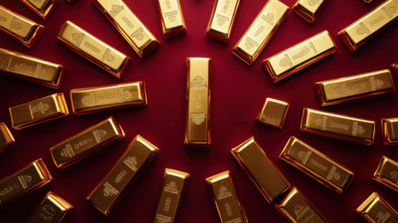 This captivating image features a stunning arrangement of gold bars on a rich red backdrop, symbolizing prosperity and luxury. The composition highlights the gleam of each bar.の素材