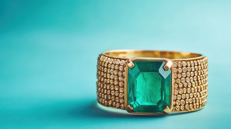 This stunning gold ring showcases an emerald cut gemstone surrounded by intricate detailing, perfect for fashion and jewelry enthusiasts seeking elegance.の素材