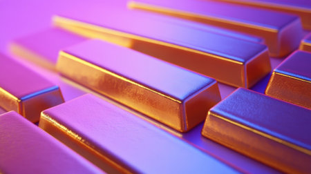This stunning image showcases shiny gold bars arranged artistically with colorful lights, emphasizing themes of luxury, wealth, and opulence. Perfect for finance or investment visuals.の素材