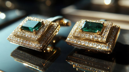 A stunning pair of gold cufflinks featuring vibrant emerald stones surrounded by sparkling diamonds, perfect for enhancing formal outfits with elegance.の素材