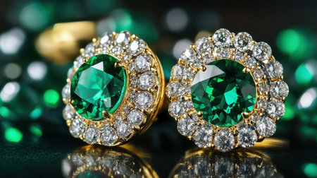 This exquisite close-up image features elegant emerald and diamond earrings set in gold, perfect for showcasing luxury jewelry and timeless fashion.の素材