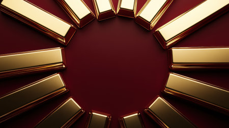 A stunning arrangement of gold bars forming a circular pattern against a vibrant red background, symbolizing wealth, elegance, and luxury for creative projects.の素材