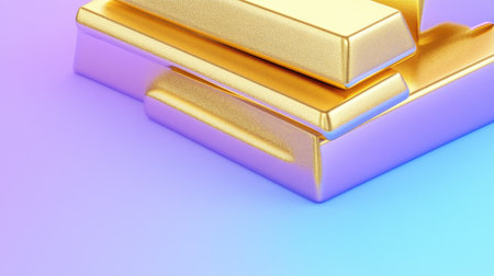 A close-up view of gleaming gold bars resting on a vibrant, colorful background, evoking themes of wealth, luxury, and modern design aesthetics.の素材