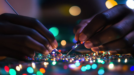 This close-up image showcases hands intricately working with vibrant lights and electronic components on a circuit board in a dimly lit environment.の素材