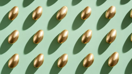 A captivating arrangement of shimmering golden eggs set against a soft mint green background. The shadows cast create depth and visual intrigue, perfect for creative projects or seasonal themes.の素材