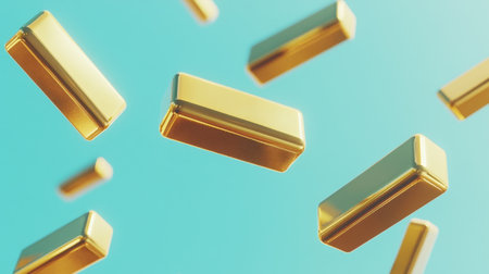 This stunning digital artwork features golden bars elegantly falling against a vibrant blue background, symbolizing wealth, luxury, and prosperity in a modern style.の素材