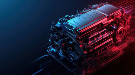 This vibrant image showcases a futuristic engine technology concept, featuring dramatic neon lights and intricate digital elements, emphasizing innovation in the automotive sector.の素材