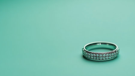 This image showcases a stunning silver ring adorned with sparkling diamonds, elegantly placed on a soft turquoise background, highlighting its exquisite beauty.の素材
