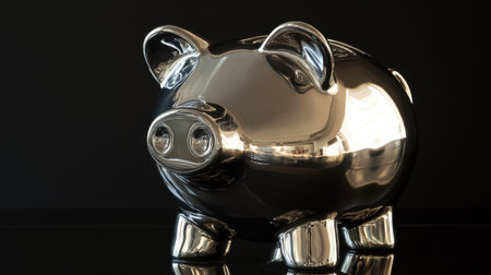 A sleek, modern piggy bank made of reflective silver material stands out against a black background, representing savings, finance, and economic security.の素材