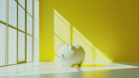 A minimalist composition featuring a white piggy bank placed in a bright yellow room illuminated by natural light. The playful shadows create an inviting atmosphere, perfect for financial themes.の素材