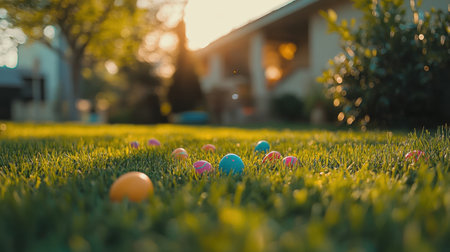 A picturesque scene of colorful Easter eggs scattered across lush green grass in a sunlit backyard, capturing the essence of springtime celebrations.の素材