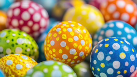 A vibrant collection of colorful Easter eggs adorned with playful dots, perfect for creating a joyful atmosphere during celebrations and springtime festivities.の素材