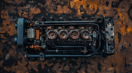 This striking overhead image showcases a vintage engine on a rusted metal surface, highlighting its intricate design and mechanical components. Perfect for themes of industry and technology.の素材