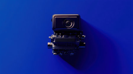 A striking visual featuring a camera positioned atop an engine against a vibrant blue background, symbolizing the intersection of technology and creativity.の素材