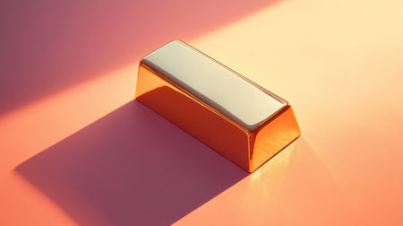 A stunning golden bar rests on a soft gradient background, illuminated by gentle light casting distinct shadows, symbolizing wealth and luxury in a minimalist design.の素材