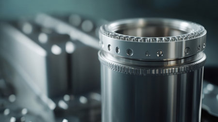 A high-resolution close-up image of a precision-engineered metal part showcasing intricate machining features, ideal for industrial and manufacturing themes.の素材