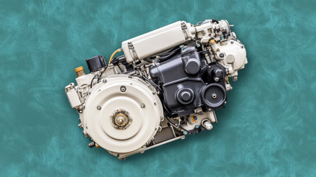 A high-quality close-up of a powerful engine against a vibrant background, showcasing intricate details, design, and mechanical function ideal for automotive and engineering themes.の素材