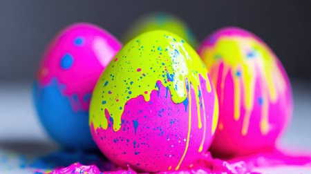 Brightly colored Easter eggs featuring bold paint drips and splatters, perfect for springtime decorations and festive celebrations, evoke joy and creativity.の素材
