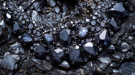 A stunning close-up of an elegant black gemstone necklace, showcasing intricate details on a dark textured background ideal for fashion and jewelry themes.の素材