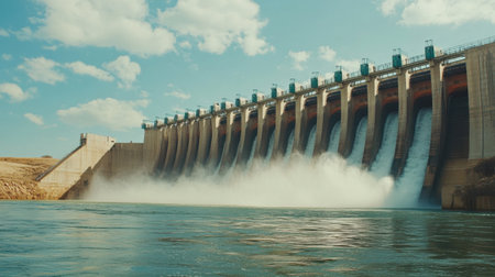 A breathtaking view of a large hydroelectric dam showcasing powerful water flow against a clear blue sky, representing renewable energy and engineering marvel.の素材