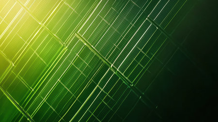 This abstract image features intersecting green lines with gentle light reflection on a dark background, perfect for modern design projects and artistic expression.の素材