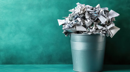 A metal trash can filled with crumpled papers sits against a vibrant teal background. This image symbolizes waste management, organization, and creativity in various contexts.の素材