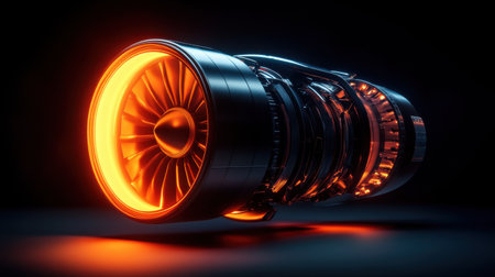 This captivating image showcases a jet engine turbine, glowing with vibrant orange light against a dark background, highlighting the intricate engineering details and modern technology in aviation.の素材