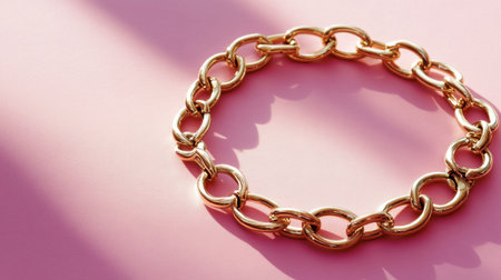 This elegant gold chain bracelet rests on a soft pink background, showcasing its intricate design and luxurious appeal with light reflections and shadows.の素材