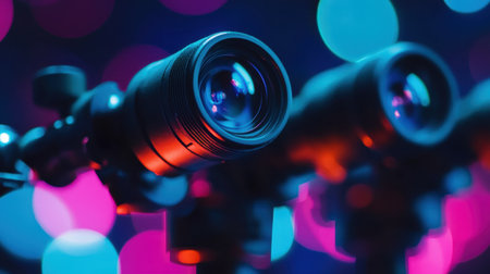 This striking image showcases professional camera lenses illuminated by vibrant neon colors, complemented by a dreamy, abstract bokeh background, ideal for creative projects.の素材