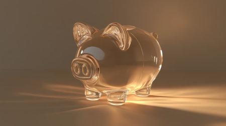 This image features a transparent glass piggy bank gently illuminated, symbolizing savings and financial security. Ideal for finance-related themes.の素材