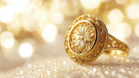 This stunning vintage gold ring features an intricate floral design, beautifully highlighted against a bright bokeh background, perfect for showcasing elegance.の素材