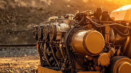 This close-up image captures a heavy machinery engine basking in warm sunset light at a construction site, highlighting intricate metal details and industrial features.の素材