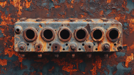 A close-up of a rusty industrial valve set against a corroded surface, showcasing textures of decay. Ideal for projects needing vintage or industrial themes.の素材