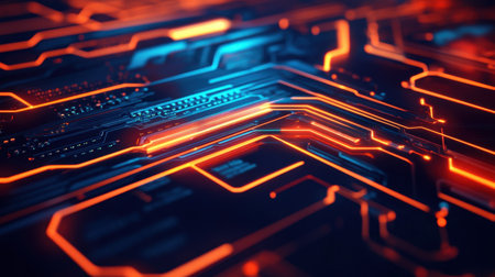 This image features a stunning futuristic circuit board design, highlighting vibrant neon lights in orange and blue on a dark backdrop, perfect for tech-themed projects.の素材