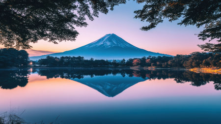 Experience the breathtaking beauty of a sunrise over a majestic mountain, perfectly reflected in a tranquil lake. Lush trees border the serene scene, showcasing vibrant colors in the sky.の素材