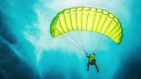 A dynamic shot of a bright green parachute gliding through a vivid blue sky, capturing the exhilaration of aerial adventures and outdoor sports.の素材