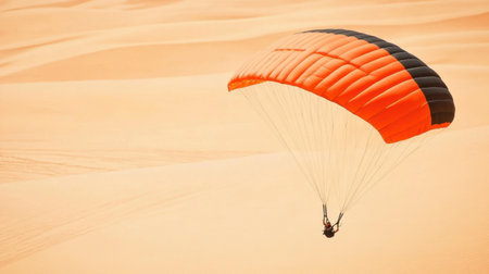 A stunning aerial view of paragliding over vast desert landscapes, showcasing a bright orange parachute against the golden sand dunes. Perfect for adventure enthusiasts.の素材