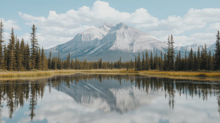 A stunning mountain landscape with a serene lake reflecting the majestic peaks and lush forests under a bright blue sky, ideal for nature enthusiasts.の素材