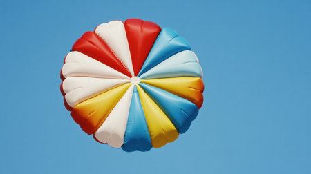 A vibrant parachute features a stunning array of colors, floating gracefully in a clear blue sky on a sunny day, evoking feelings of adventure and freedom.の素材