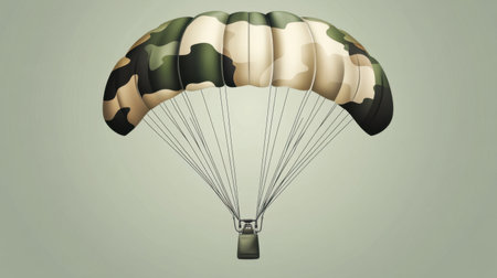 This image features a camouflage parachute designed for military and tactical operations, highlighting its rigging and unique patterns.の素材