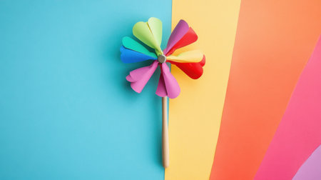 This image features a colorful paper pinwheel resting against a bright background, showcasing vibrant shades of blue, orange, and pink. Perfect for themes of joy and play.の素材